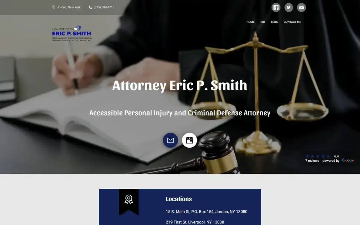 Law Office of Eric P. Smith website with gavel and scales of justice on attorney desk
