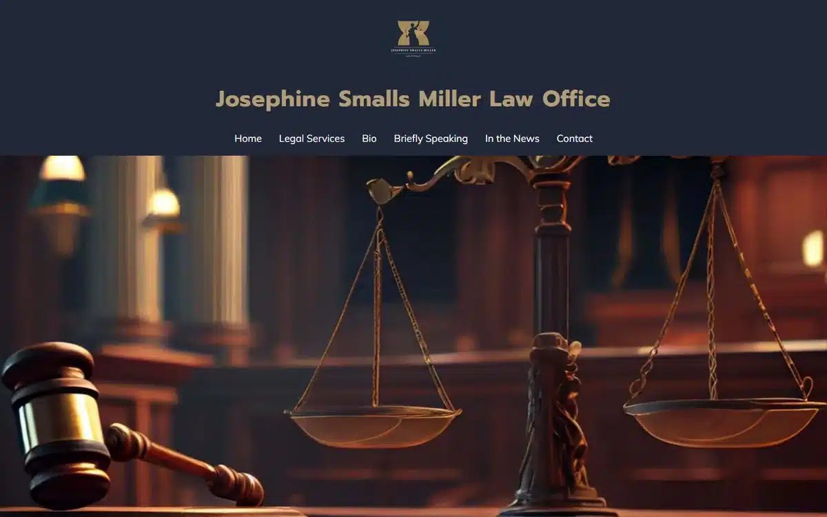 Law Office of Josephine Smalls Miller website with gavel and scales on warm wood courtroom hero