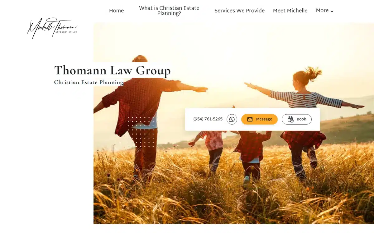 Thomann Law website with family running through field at sunset, warm tones