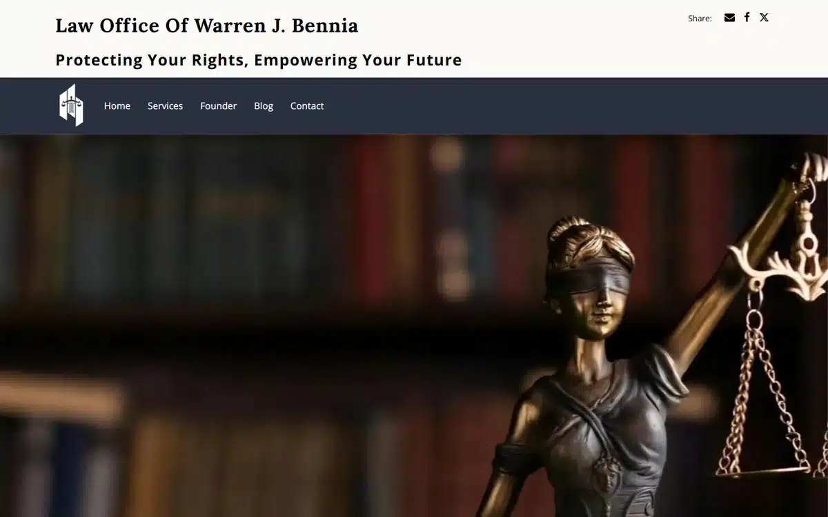 Law Office of Warren J Bennia website with blindfolded Lady Justice bronze statue and library backdrop