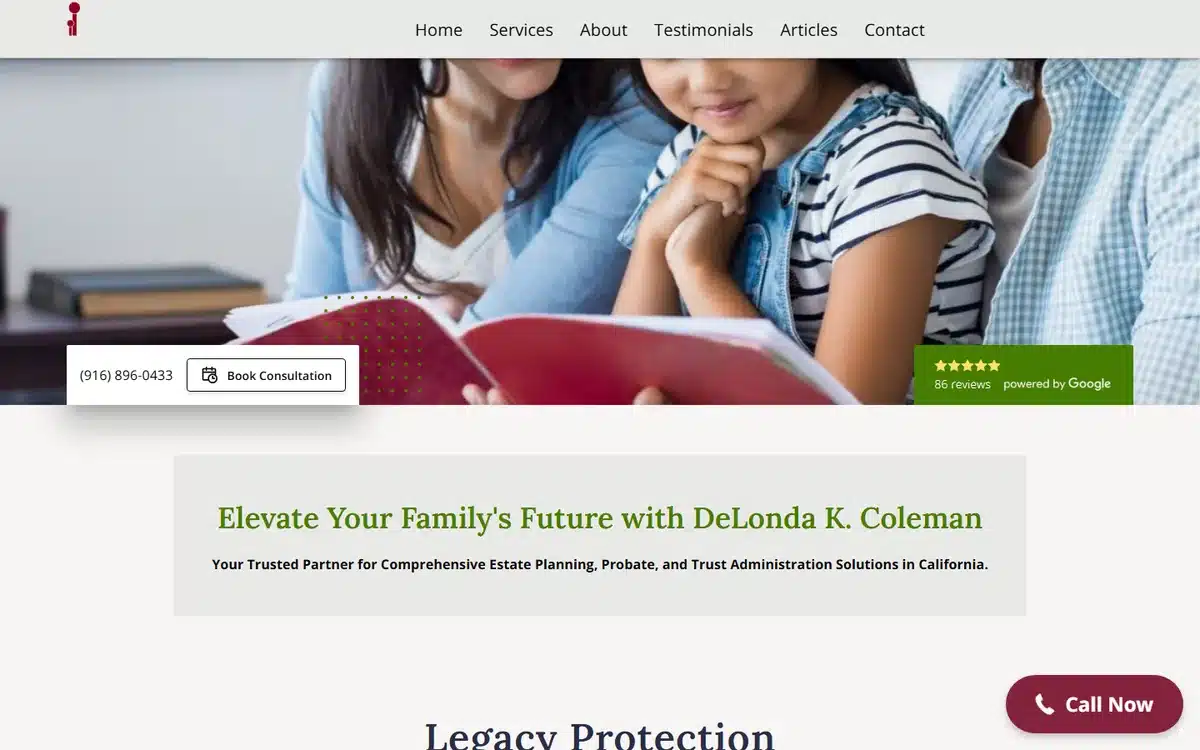 Law Offices of Delonda K Coleman website with mother and daughters reading book hero
