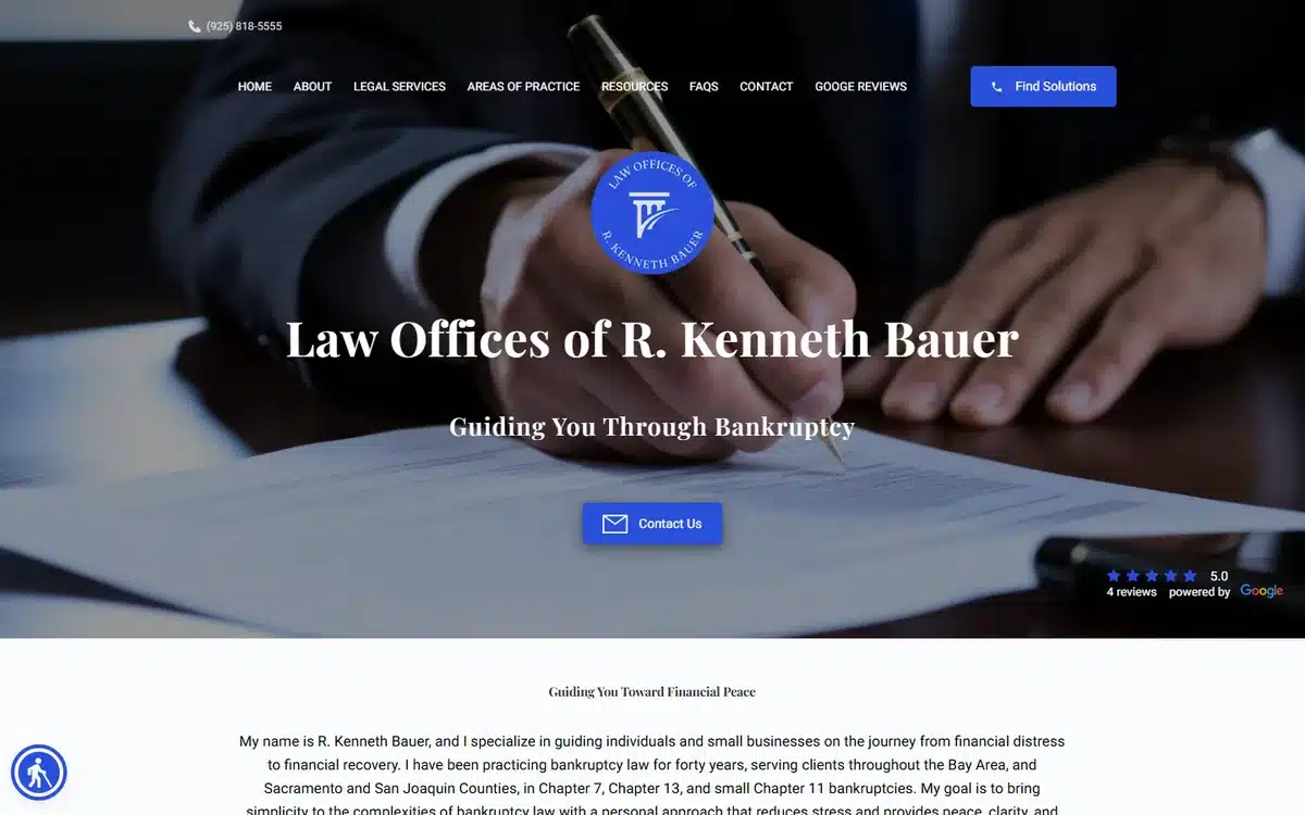 Law Offices of R Kenneth Bauer website with blue shield badge over signing-pen photo