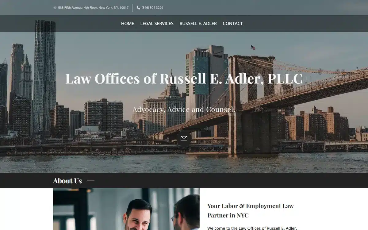 Law Offices of Russell E Adler website with Brooklyn Bridge NYC skyline and navy typography