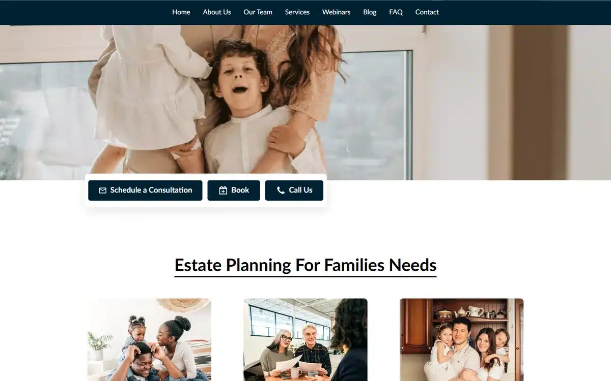 Lazarow Law Firm website with father lifting child hero, estate planning focus