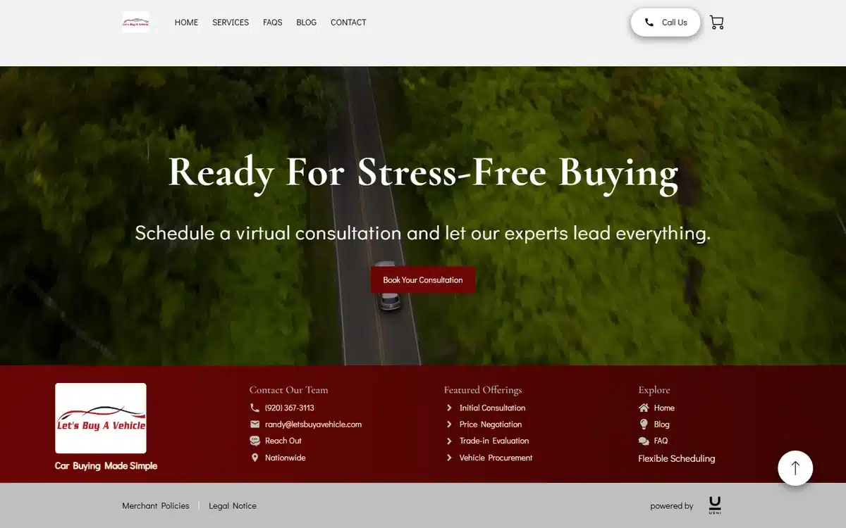 Let's Buy A Vehicle car-buying service website with an aerial winding-road hero