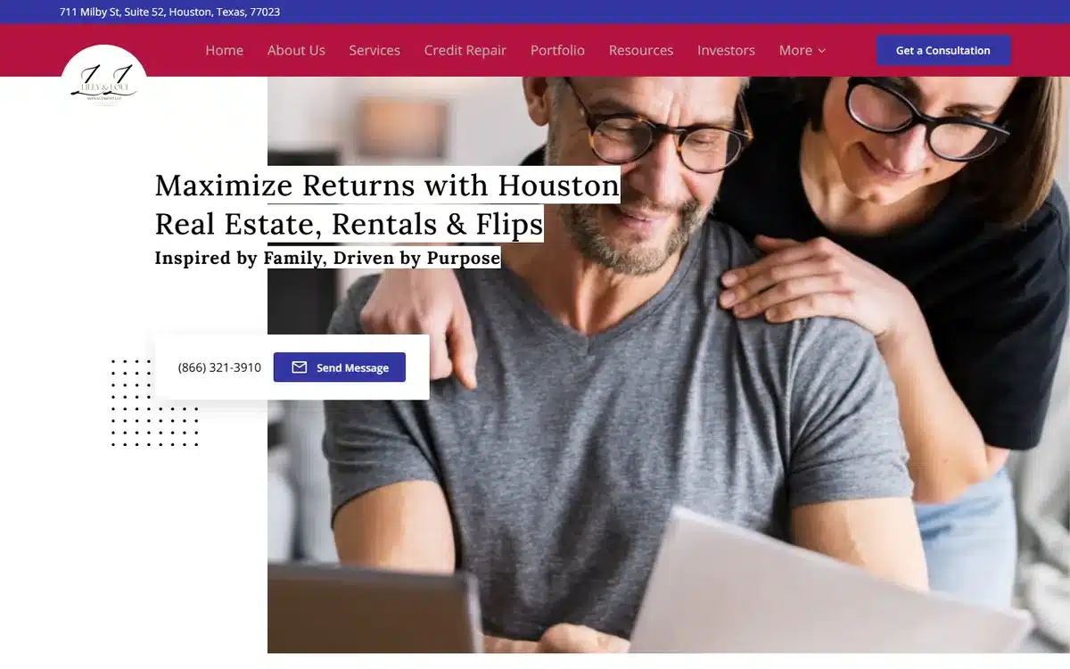 Lilly and Loui Management real estate website with warm couple-at-laptop hero and maroon palette