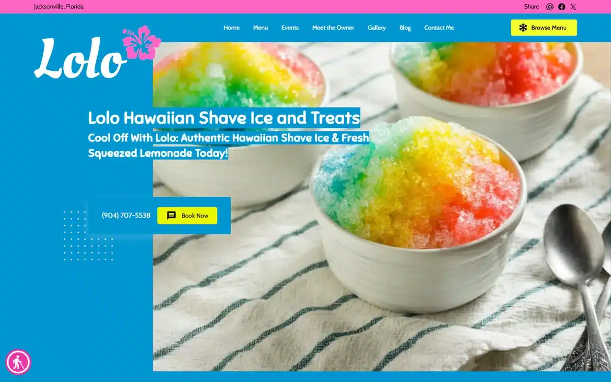 Lolo Hawaiian Shave Ice and Treats website with rainbow shave ice bowls
