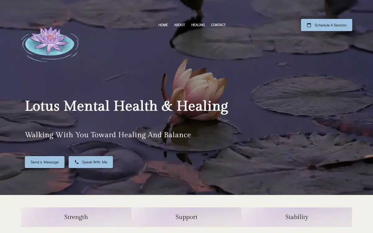 Lotus Mental Health and Healing website with serene lotus-on-water hero and elegant typography