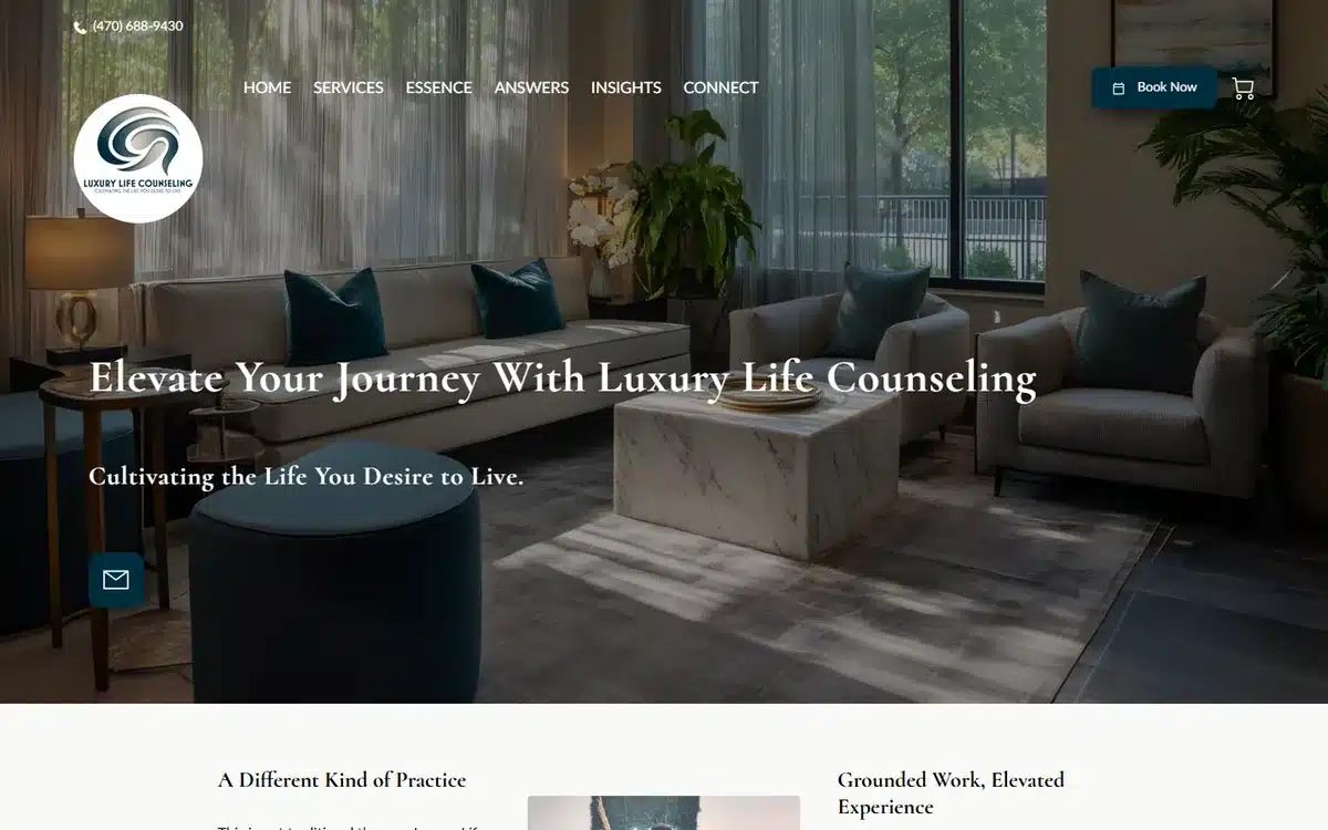 Luxury Life Counseling website with upscale interior photography and premium counselling positioning