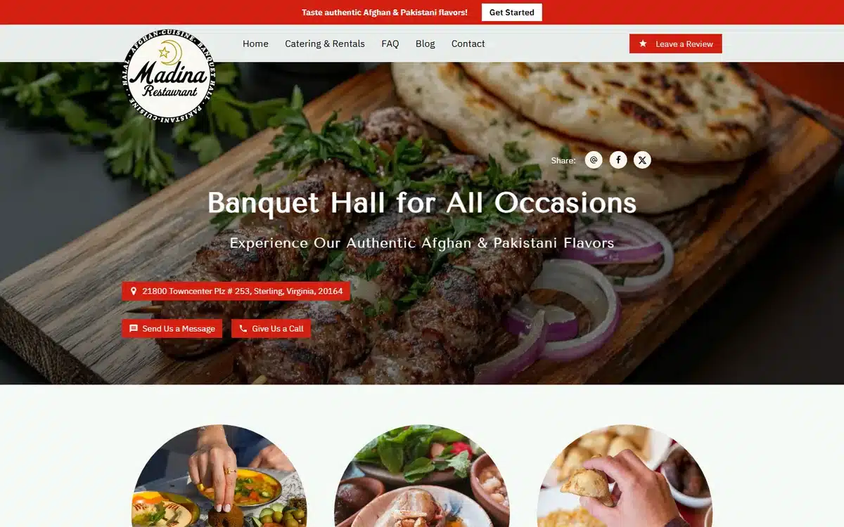 Madina Restaurant website with kebab and naan board hero photography