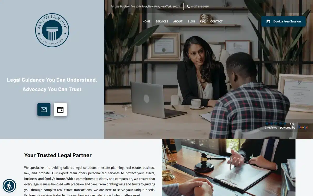 Mattei Law website with genuine client-attorney consultation scene and circular logo