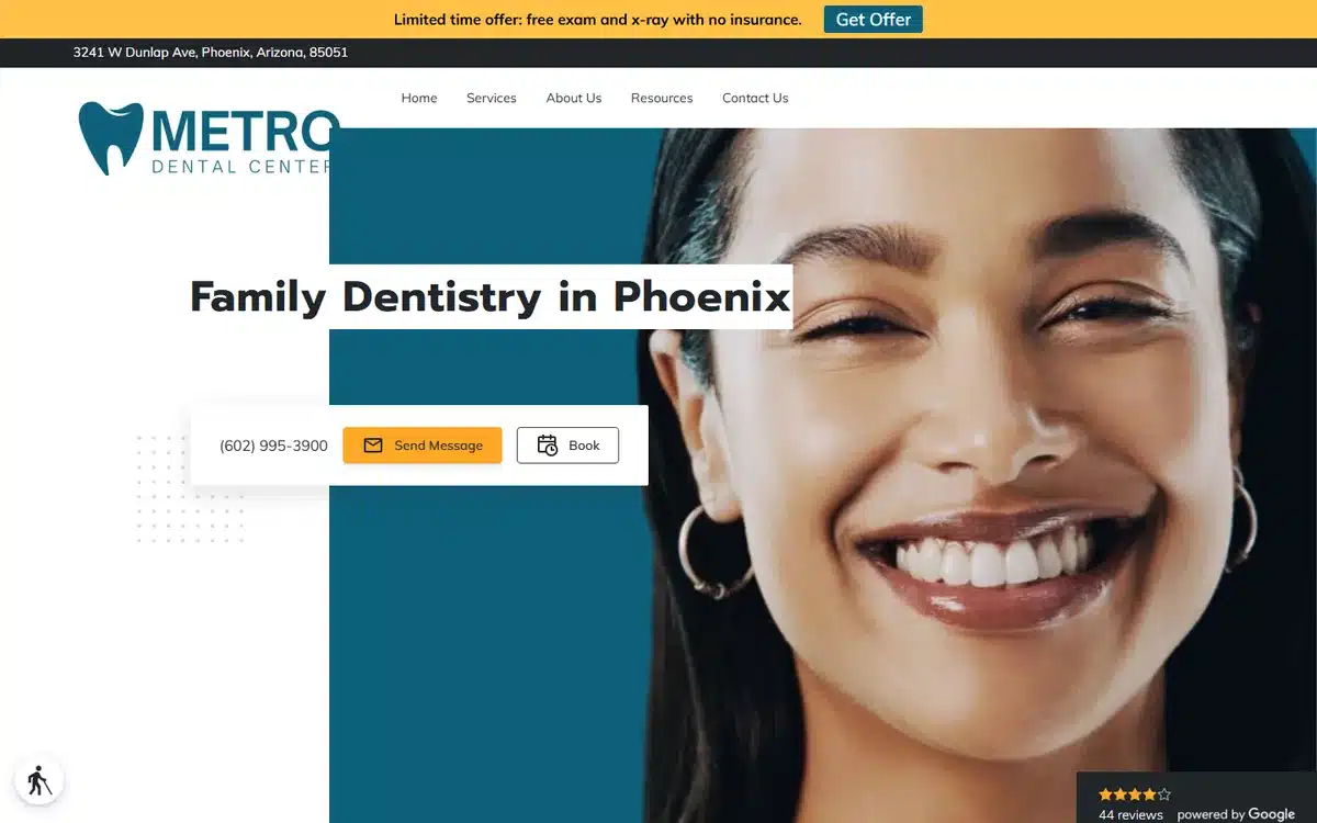 Metro Dental Center website with joyful hoop-earring portrait and Phoenix family dentistry anchor