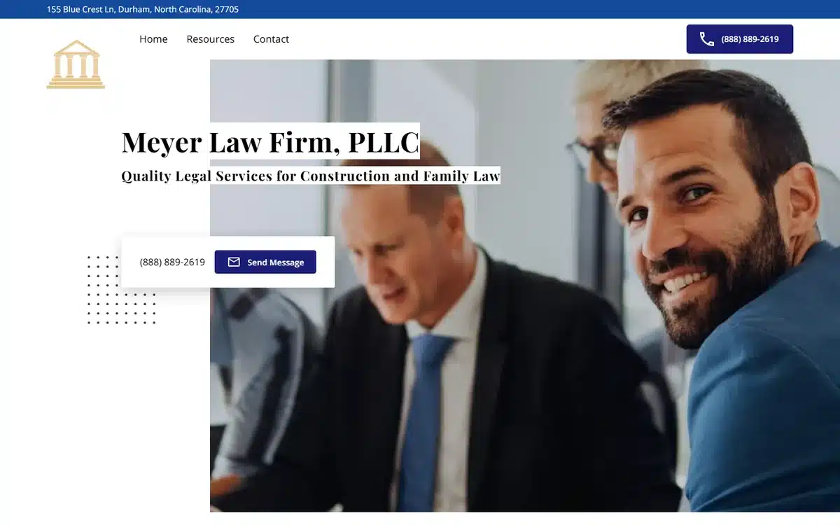 Meyer Law website with two-attorney collaboration photo and construction plus family law focus