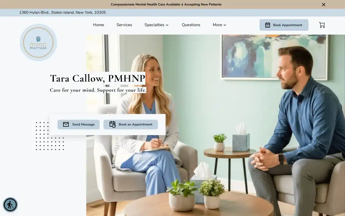 Mind Matters NP website with authentic therapy-session photo and PMHNP credential