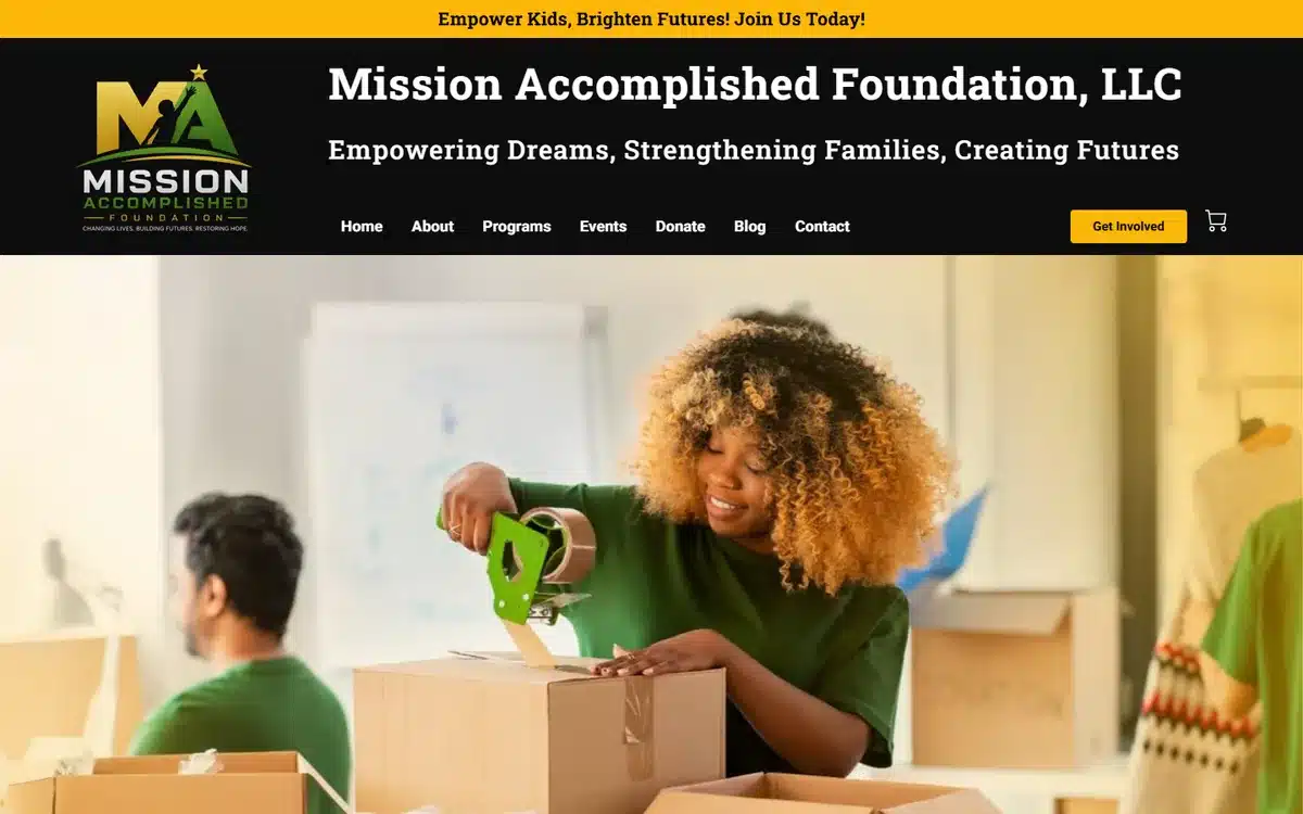 Mission Accomplished Foundation nonprofit website with a genuine volunteer hero photo