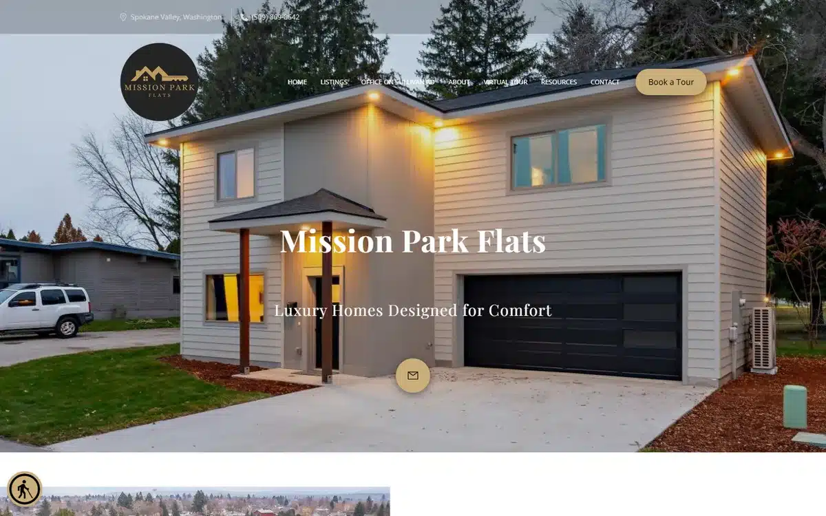 Mission Park Flats leasing website with twilight modern duplex and warm window glow
