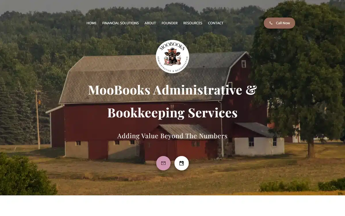 MooBooks Administrative and Bookkeeping Services accounting website with a red-barn rural hero and a cow-themed wordmark