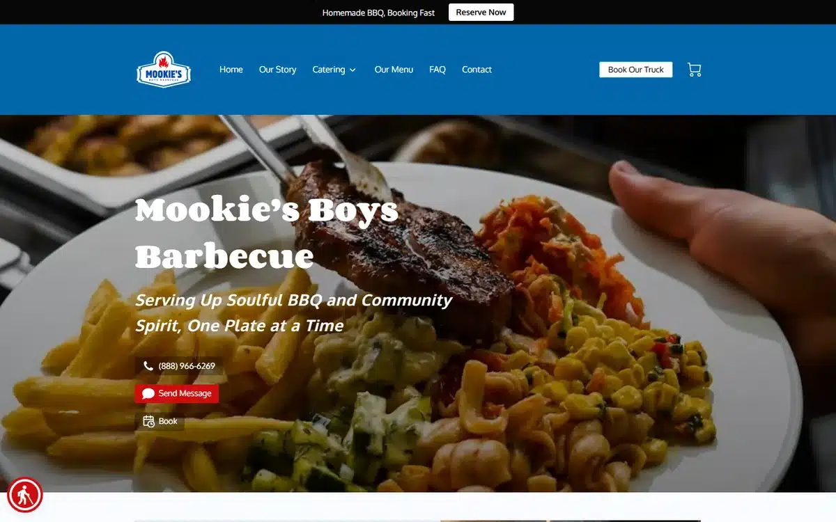 Mookie's Boys Barbecue website with ribs and mac plate hero and white headline overlay
