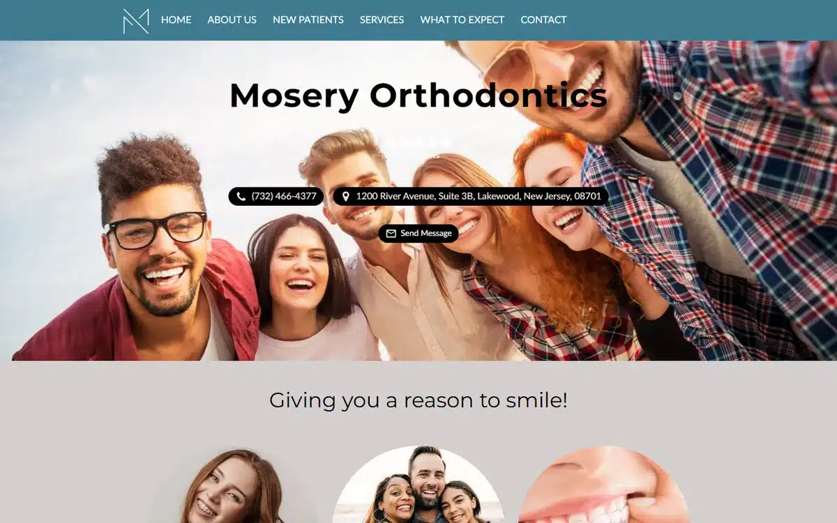 Mosery Orthodontics website with diverse group of smiling teens and adults