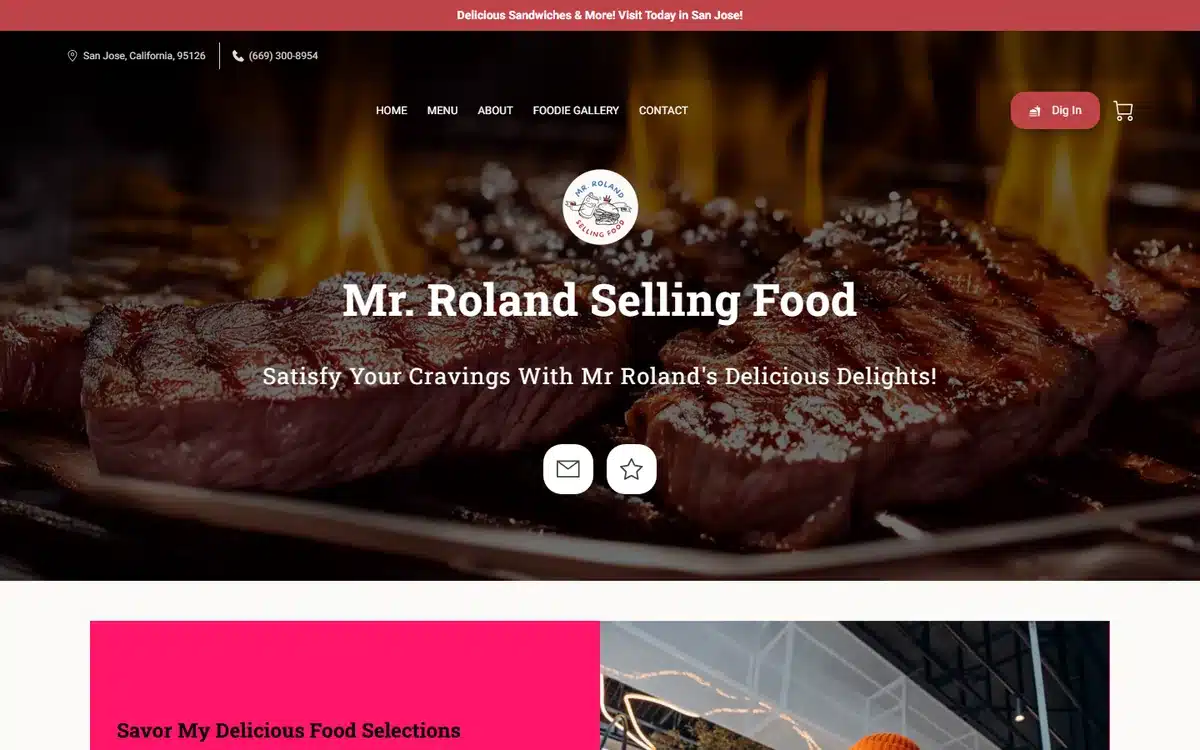 Mr. Roland Selling Food website with dramatic flame-grilled steak backdrop