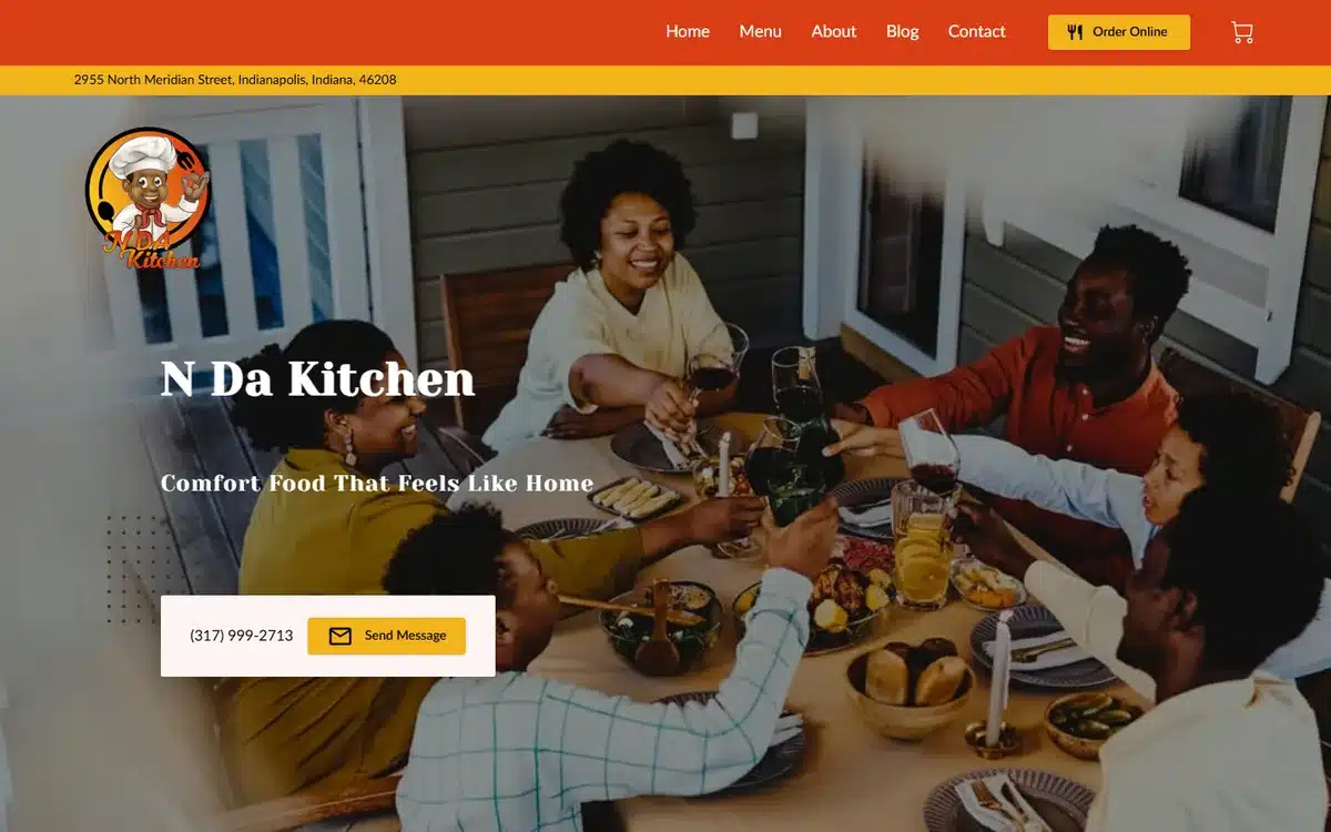 N' Da Kitchen website with warm family-meal lifestyle photography and soul food branding