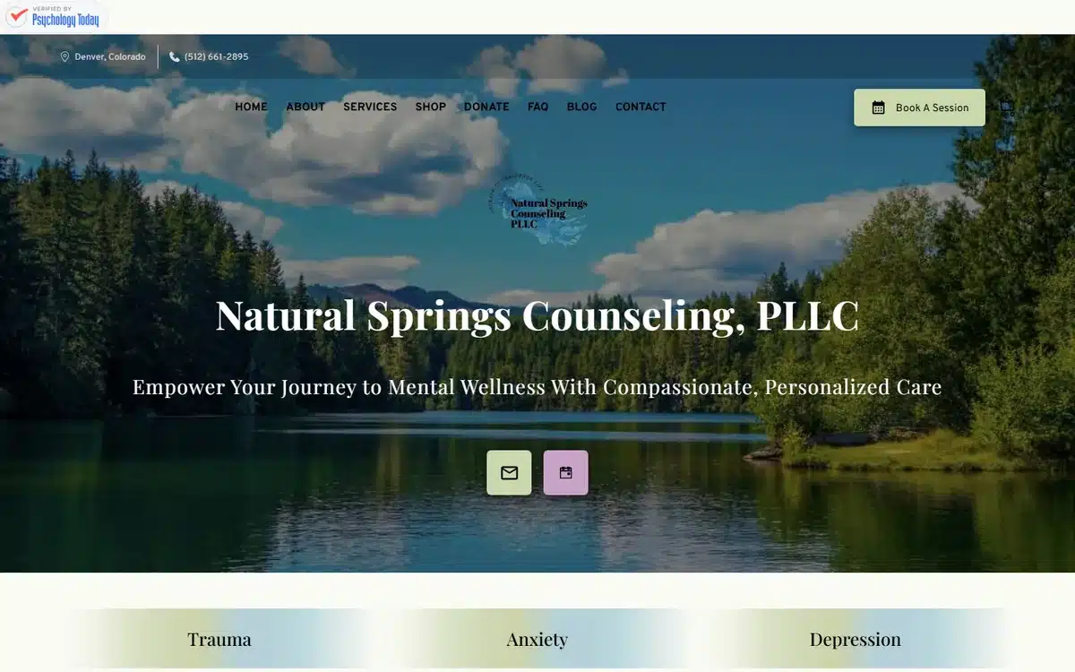 Natural Springs Counseling website with pristine lake-and-mountains backdrop