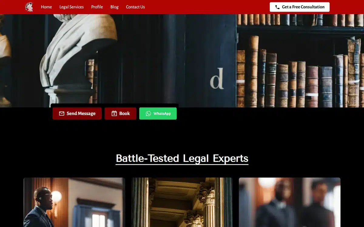 Norman Law Group website with barrister wig on red drape in library, bold layout