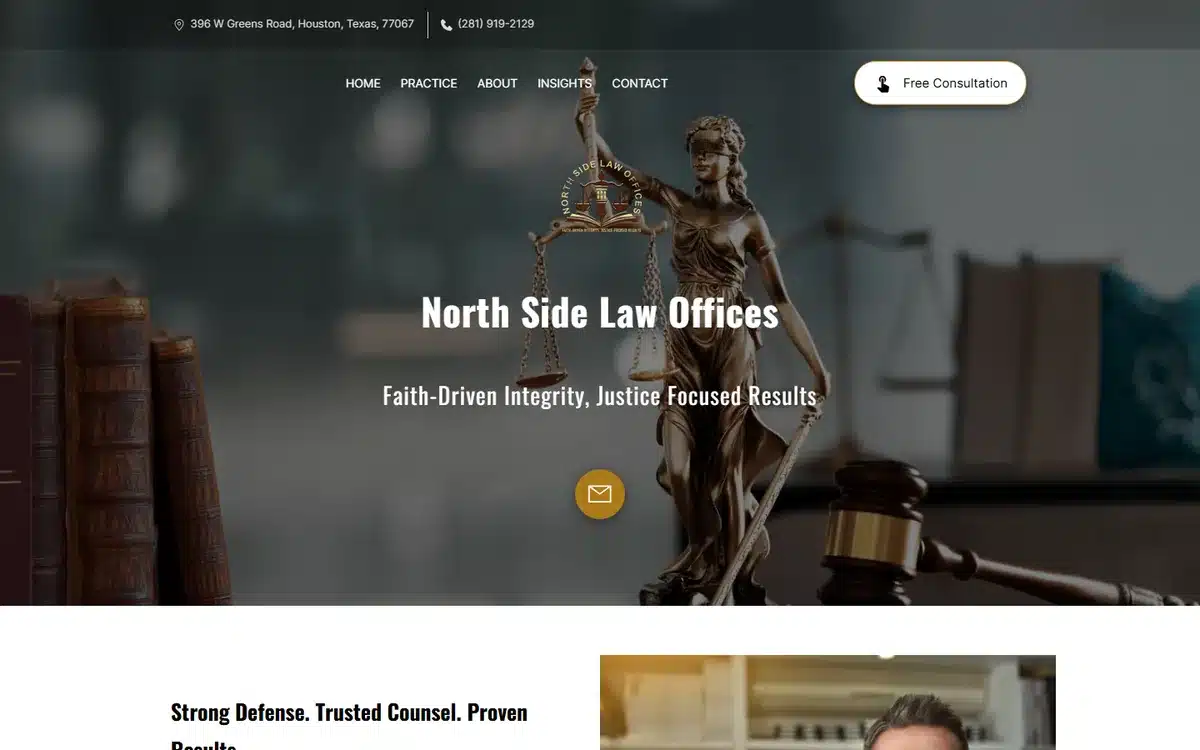 North Side Law Offices website with Lady Justice and gavel composition