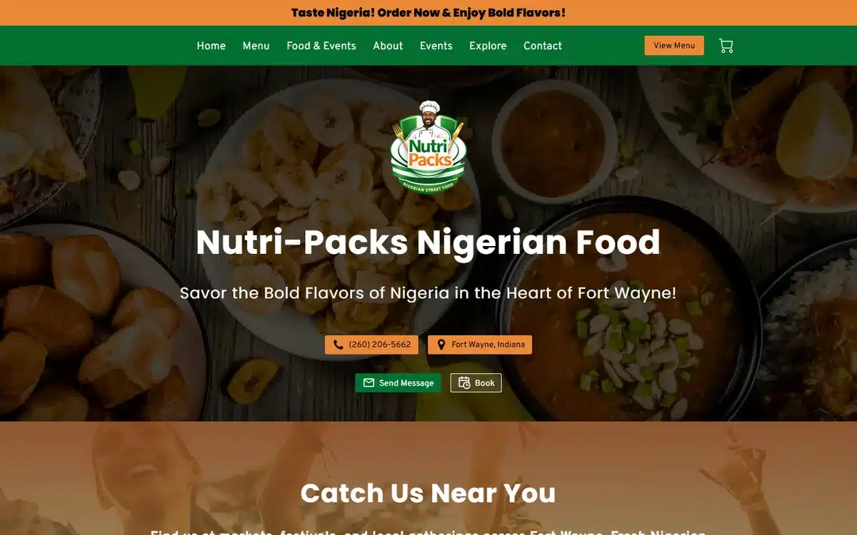 Nutri-Packs Nigerian Food website with colorful jollof and sides spread plus green-orange brand palette