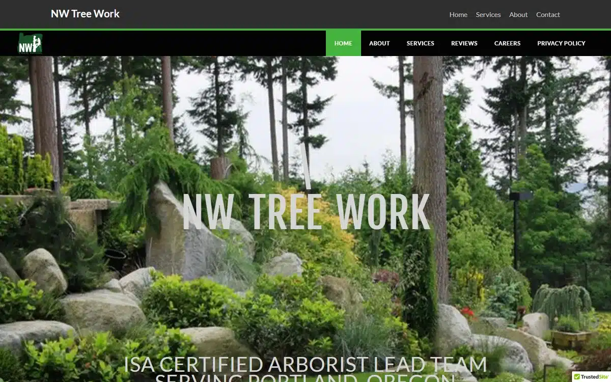 NW Tree Work arborist website with an immersive evergreen-forest hero