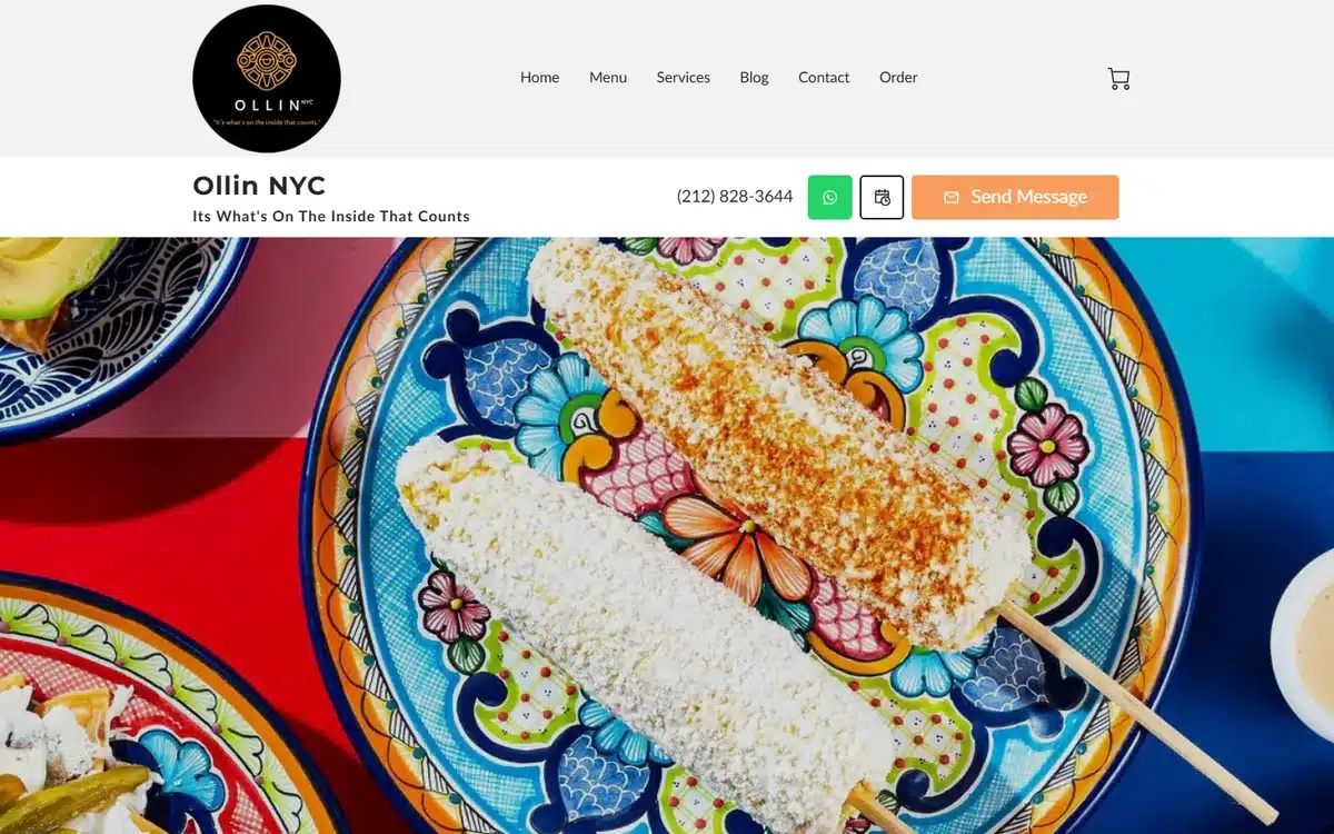 Ollin NYC website with grilled corn on a blue Talavera plate and editorial design