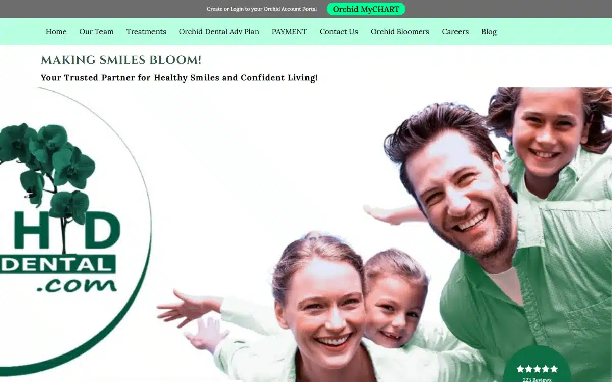 Orchid Family Dental website with animated family illustration and 'Making Smiles Bloom' tagline