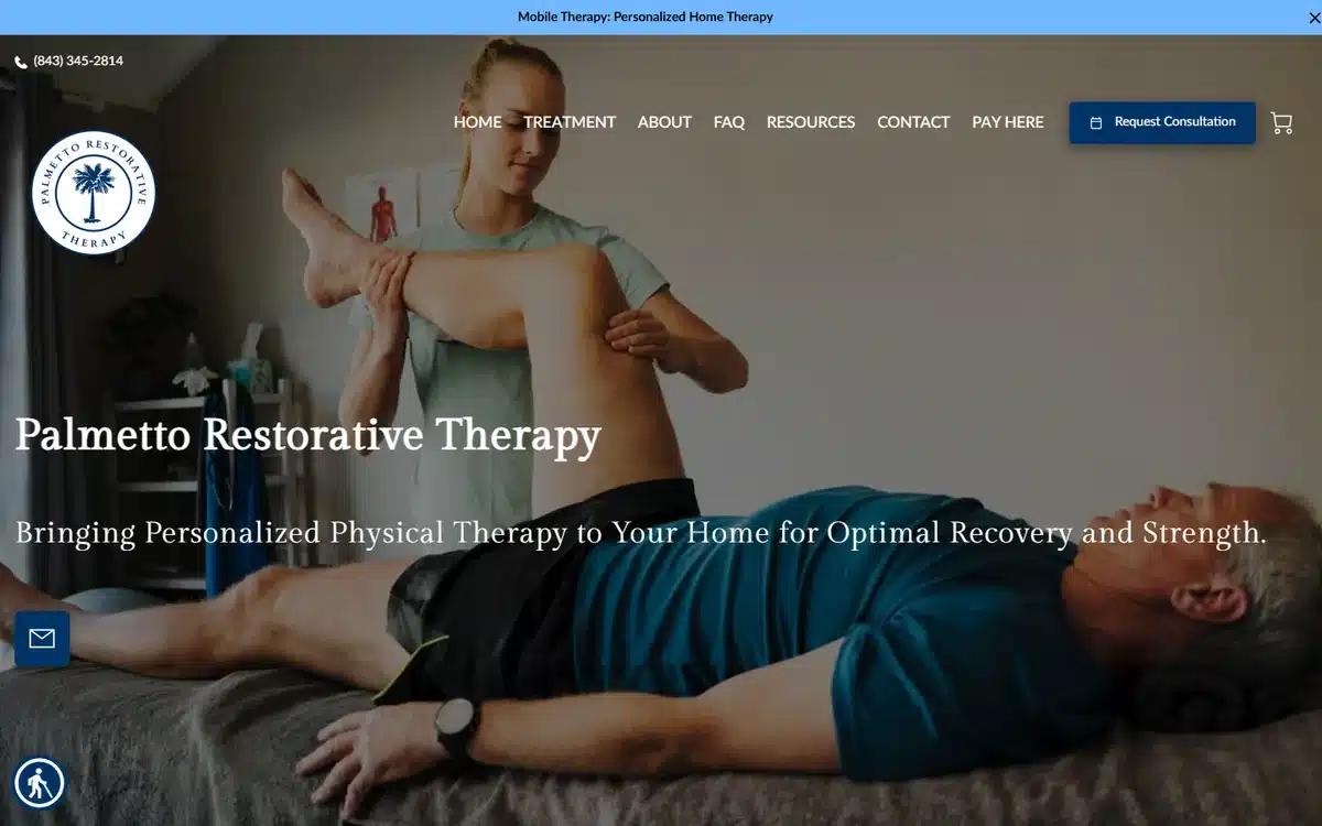 Palmetto Restorative Therapy website with real in-home physical therapy session photo