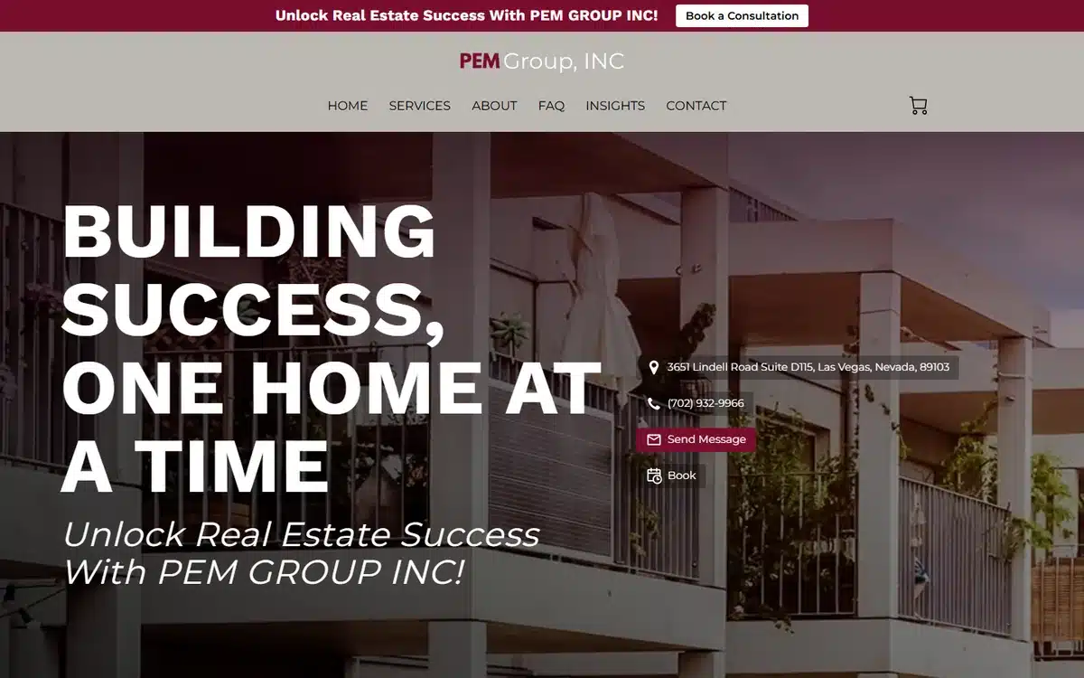 PEM Group real estate website with bold serif typography and burgundy palette