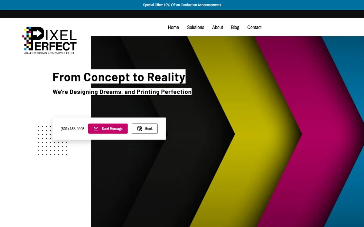 Pixel Perfect graphic designer website with a bold CMYK chevron hero reading From Concept to Reality