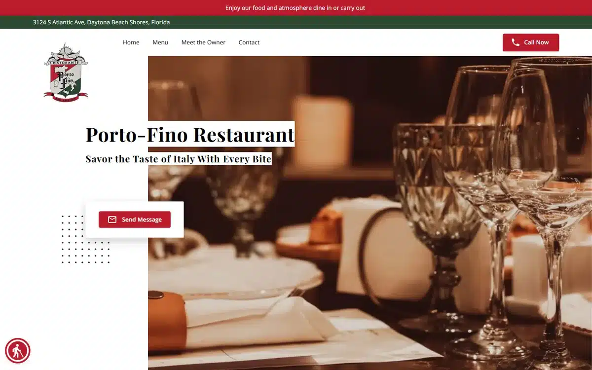 Porto Fino Italian restaurant website with candlelit wine glass and elegant serif headline
