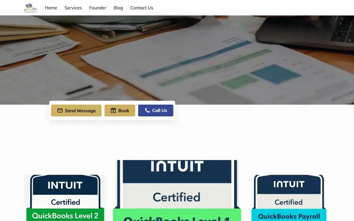 Precision Bookkeeping accounting website with three Intuit QuickBooks Certified trust badges front and centre