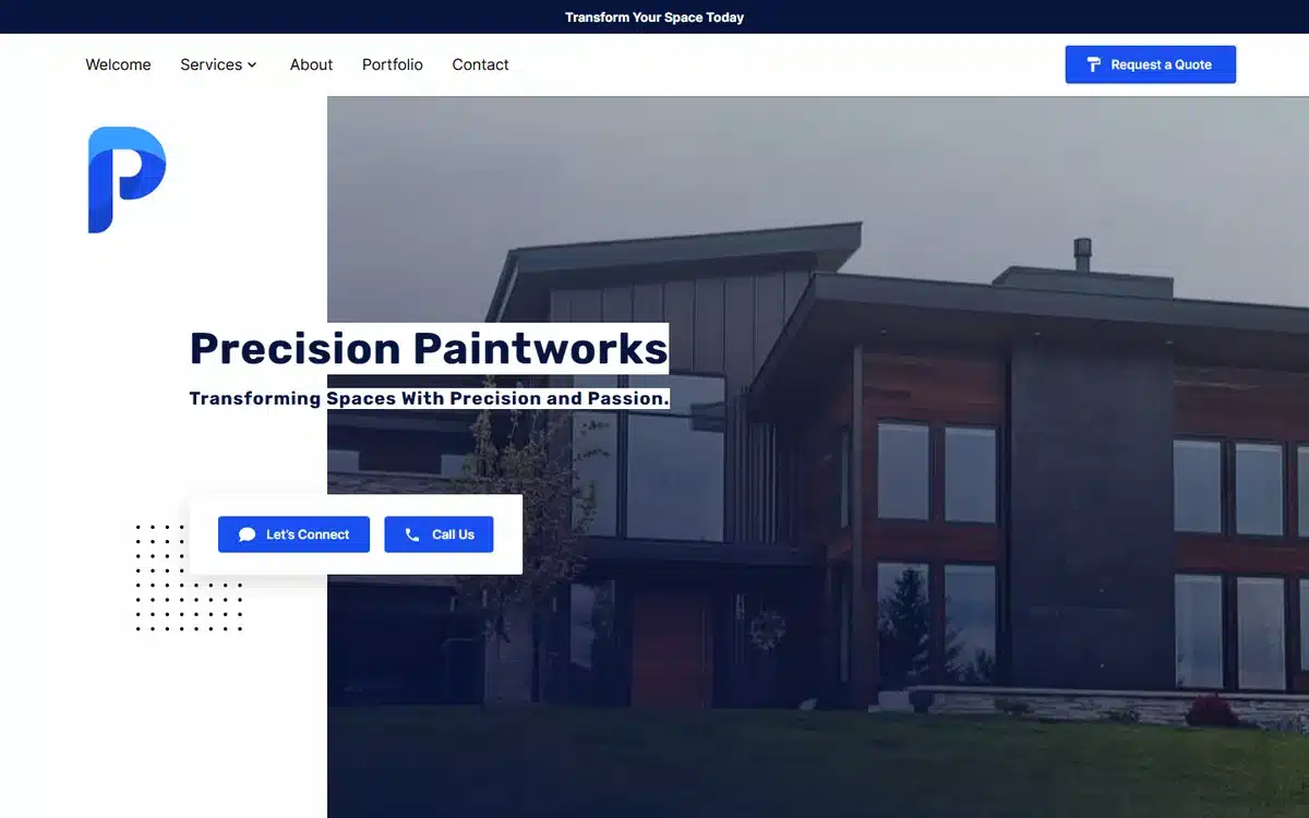 Precision Paintworks website with a modern home hero photo and blue-accent branding