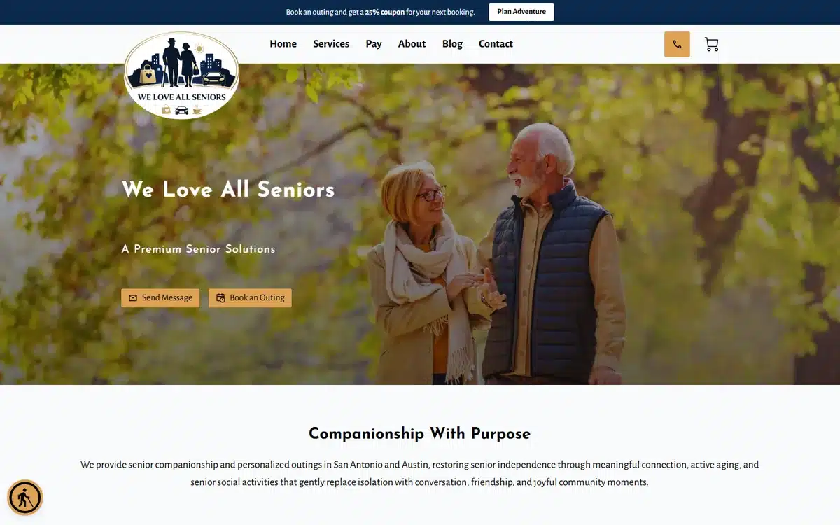 Premium Senior Services website with tender senior-couple autumn photography
