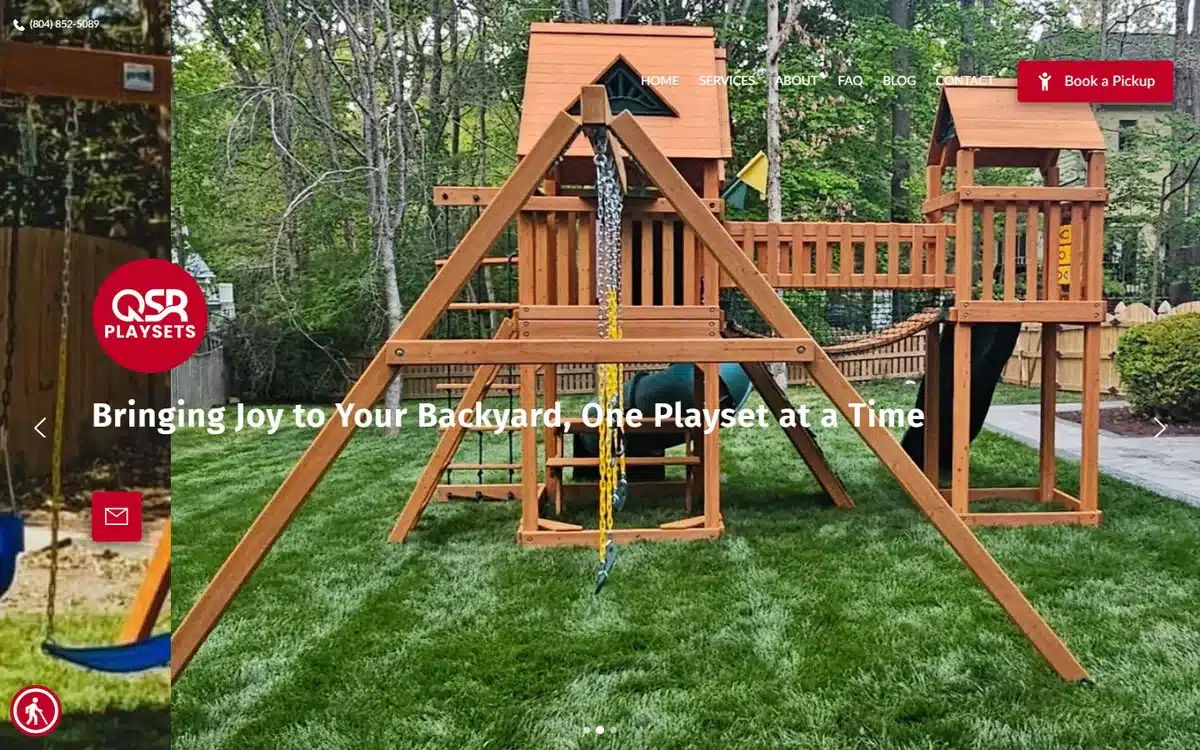 QSR Playsets website with a wooden swing-set product hero in a real backyard