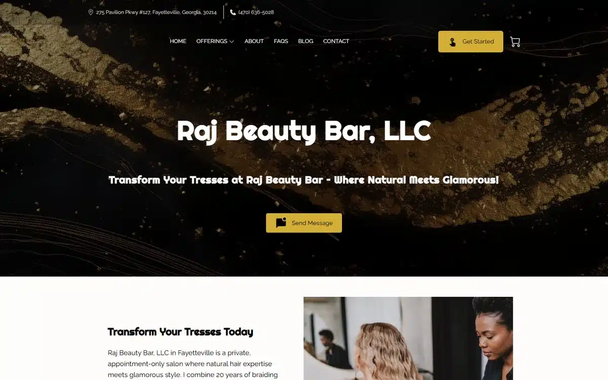 Raj Beauty Bar salon website with an elegant black-and-gold hero