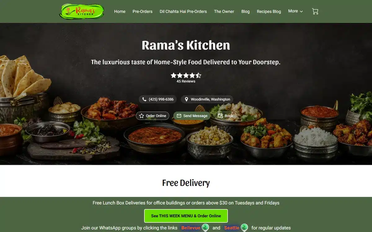 Rama's Kitchen Indian restaurant website with overhead thali spread and green branding