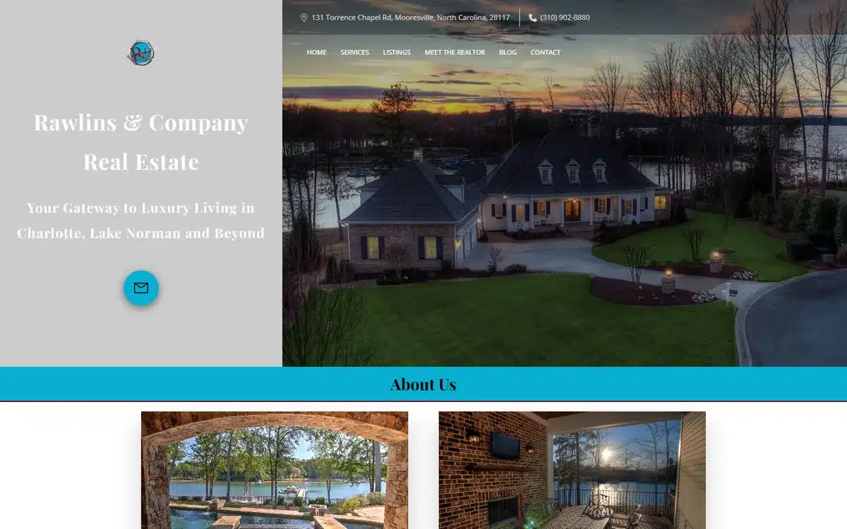 Rawlins and Company Real Estate website with a twilight luxury home and Lake Norman lakeside palette