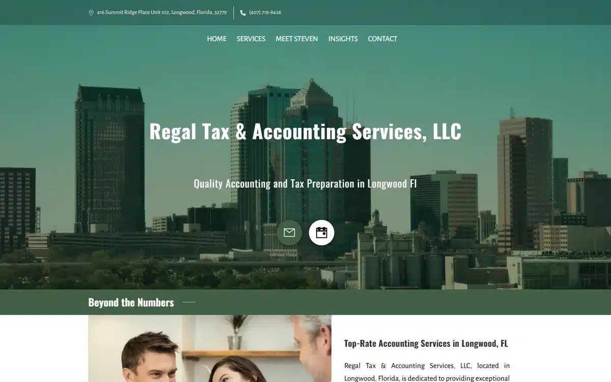 Regal Tax and Accounting Services accounting website with a green-tinted city skyline and an elegant serif name treatment
