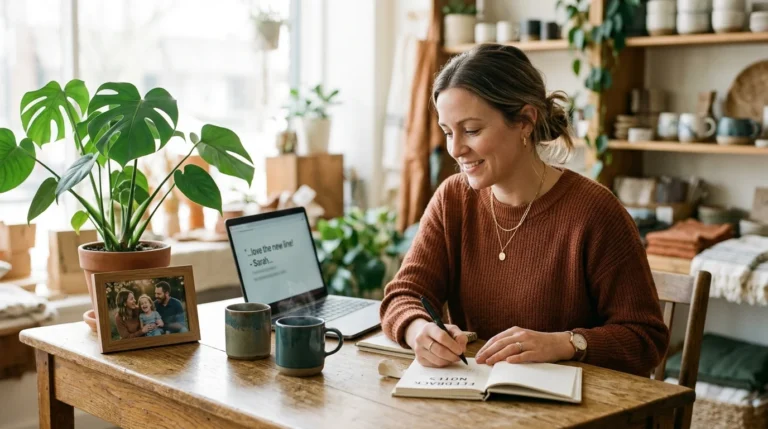 Small business owner smiling at her laptop while taking notes on customer feedback at a sunlit wooden desk in her boutique shop