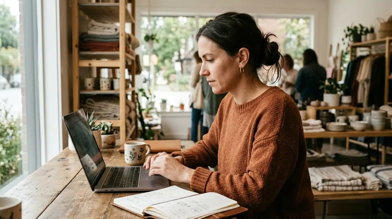 A small business owner typing a professional reply to a customer review at her laptop in a sunlit boutique