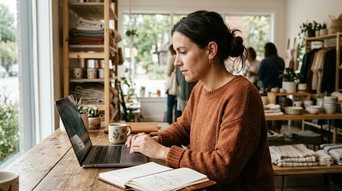 A small business owner typing a professional reply to a customer review at her laptop in a sunlit boutique