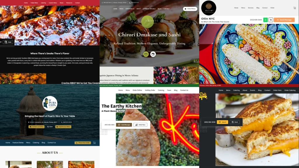 Composite of six UENI customer restaurant website hero images