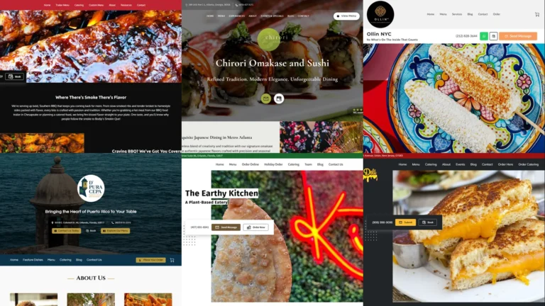 Composite of six UENI customer restaurant website hero images