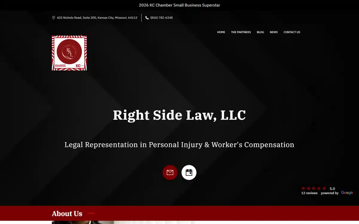 Right Side Law website with dramatic dark hero, red accents and Chamber Superstar badge